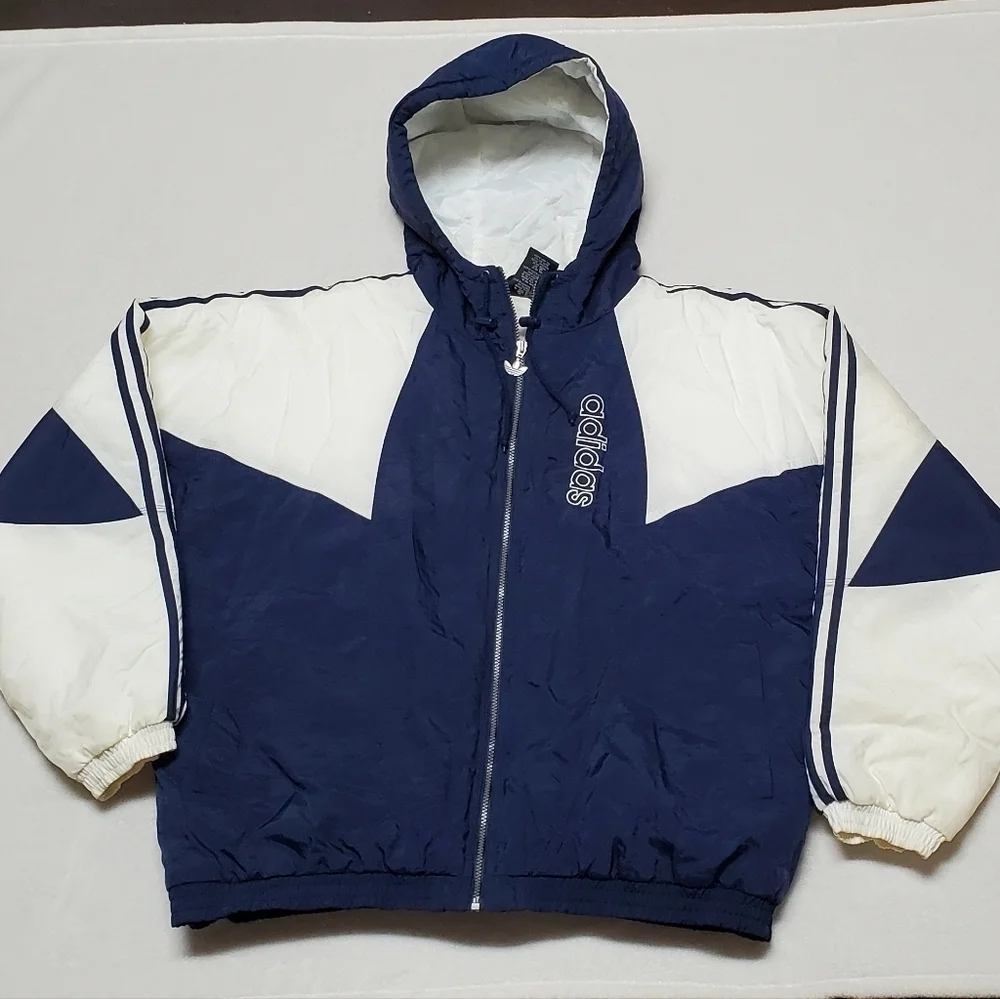 VINTAGE 90s Adidas Blue White Trefoil Logo Insulated Puffer Jacket Parka XL